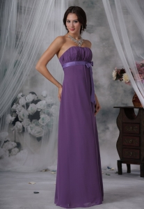 Ruched and Bowknot Decorate Bust Purple Chiffon Floor-length Strapless For 2013 Sweet 16 Dama Dresses