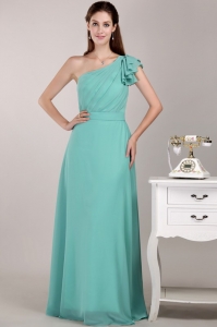 Turquoise Column / Sheath One Shoulder Floor-length Chiffon Ruch Sweet 16 Dama Dresses