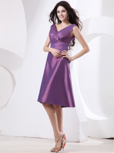 V-neck Purple Dama Dress With Knee-length and Bow