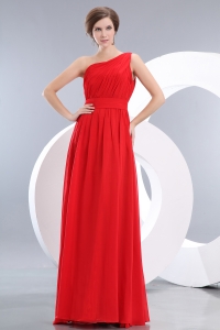 Red Empire One Shoulder Floor-length Chiffon Ruch Dama Dresses for Sweet 16