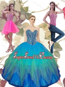 2015 Pretty Beading Sweetheart Tulle 15th Birthday Party Dresses in Turquoise