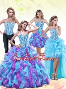 2015 New Style Beading and Ruffles Sweetheart Sweet 16 Dresses in Multi Color