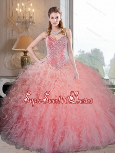 Wonderful Baby Pink Organza Sweet 16 Ball Gowns with Beading and Ruffles