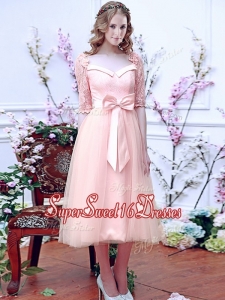 2016 Comfortable Square Half Sleeves Bowknot Dama Dress in Baby Pink
