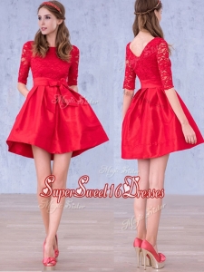 Romantic Bowknot and Laced Scoop Half Sleeves Dama Dress in Red