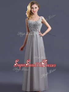 2016 Most Popular Scoop Grey Long Dama Dress with Appliques