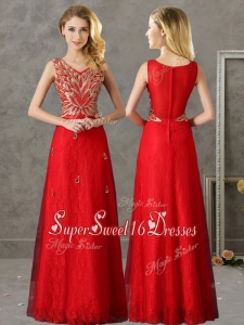 Classical V Neck Red Dama Dress with Appliques and Beading