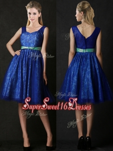 New Arrivals Belted and Laced Blue Dama Dress in Knee Length
