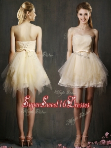 Lovely Sweetheart Short Champagne Dama Dress with Belt and Ruffles