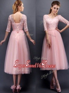 See Through V Neck Half Sleeves Dama Dress with Lace and Belt