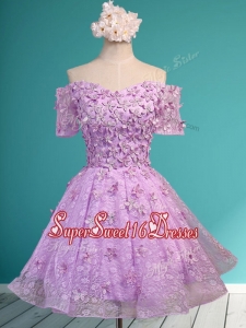 Classical Off the Shoulder Lilac Dama Dress with Appliques and Beading