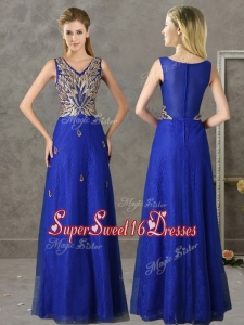 Gorgeous V Neck Appliques and Beading Dama Dress in Royal Blue