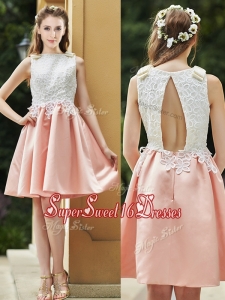Elegant Bateau Open Back Applique Short Dama Dress in Pink