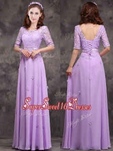 Exclusive Scoop Half Sleeves Lavender Dama Dress with Appliques and Lace