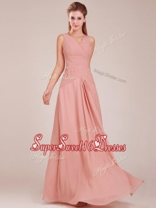 Modest Ruched Decorated Bodice Peach Dama Dress with V Neck