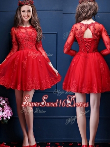 Classical Scoop Three Fourth Length Sleeves Short Dama Dress with Beading and Lace