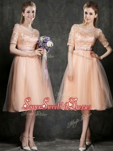 New Scoop Half Sleeves Dama Dress with Sashes and Lace