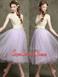 New Style Lavender V Neck Dama Dress with Bowknot and Belt