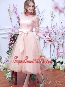 See Through High Neck Half Sleeves Dama Dress with Bowknot