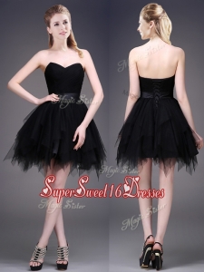Best Selling Black Short Dama Dress with Ruffles and Belt