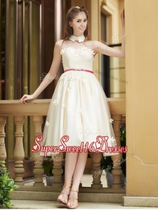 Gorgeous High Neck Champagne Dama Dress with Appliques and Sashes