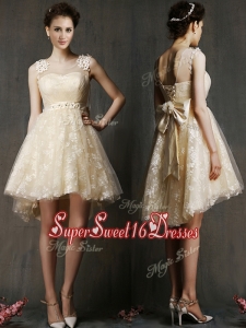 See Through Scoop Champagne Dama Dress with Hand Made Flowers and Bowknot