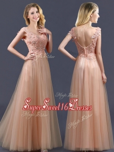 Top Selling V Neck Long Dama Dress with Appliques and Beading