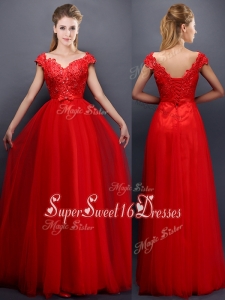 Classical Beaded V Neck Red Dama Dress with Cap Sleeves