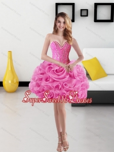 Cute Sweetheart Short Rolling Flowers Rose Pink Dama Dress for 2015