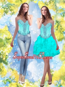 Exclusive 2015 Beading and Ruffles Sweetheart Aqua Blue Dama Dress