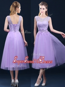 Beautiful See Through Laced and Applique Dama Dress in Tea Length