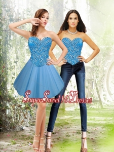 Elegant Short 2015 Sweetheart Tulle Blue Quinceanera Dama Dresses with Beading