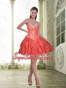 Exquisite Short Beading and Ruffles Coral Red Quinceanera Dama Dresses for 2015