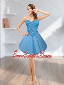 Perfect 2015 Short Sweetheart Tulle Blue Quinceanera Dama Dresses with Beading