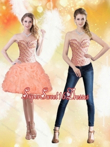 Wonderful Sweetheart Short Peach 2015 Quinceanera Dama Dresses with Beading and Pick Ups