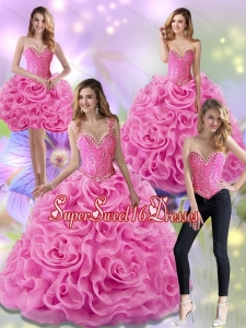 Beautiful Rose Pink 2015 Quinceanera Dresses with Beading and Rolling Flowers