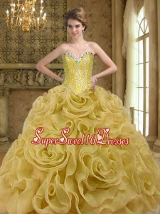 Beautiful Sweetheart Beading and Rolling Flowers Gold 2015 Quinceanera Dresses