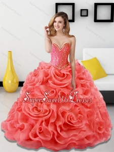 Beading and Rolling Flowers Coral Red Military Ball Dresses for 2015