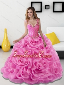 2015 New Style Beading and Rolling Flowers Rose Pink Sweet 16 Dresses
