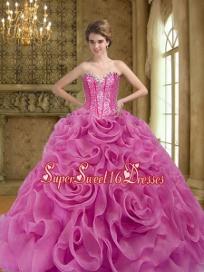 2015 New Style Fuchsia Sweet 16 Dresses with Beading and Rolling Flowers