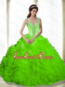 Beautiful Beading and Ruffles Sweetheart Sweet 16 Ball Gowns in Spring Green