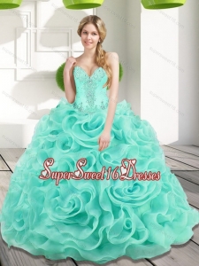 Low Price Beading and Rolling Flowers 2015 Sweet 16 Ball Gowns in Aqua Blue