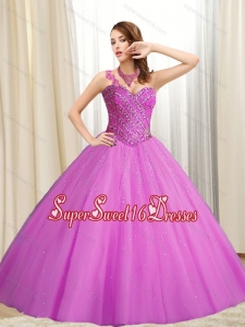 New Style Sweetheart Beading Tulle Fuchsia 2015 Sweet 16 Dresses
