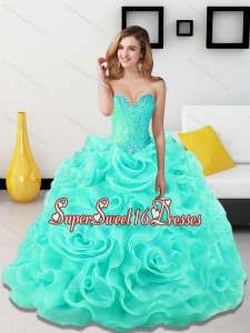 Pretty Beading and Rolling Flowers Sweetheart Light Blue Sweet 16 Ball Gowns for 2015