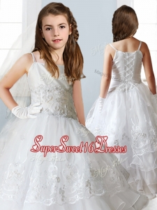 Luxurious White Spaghetti Straps Girls Pageant Dress with Appliques and Ruffled Layers