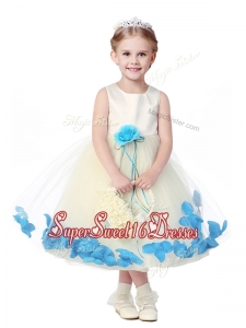 Lovely Tea Length Scoop Girls Pageant Dresses with Hand Made Flowers and Appliques