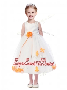 Popular Scoop Girls Pageant Dresses with Orange Red Hand Made Flowers
