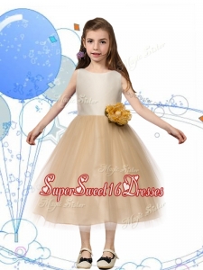 New Scoop Champagne Mini Quinceaner Dress with Hand Made Flowers and Bowknot