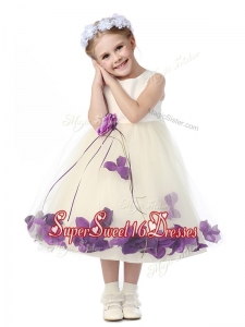 Gorgeous Scoop Mini Quinceaner Dress with Purple Hand Made Flowers and Appliques