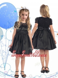 See Through Scoop Short Sleeves Lace and Belt Mini Quinceaner Dress in Black